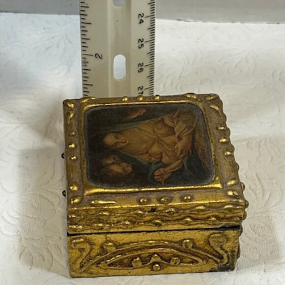 VTG Italian Florentine Mini Wooden Trinket Box Madonna & Child Hinged 2.5" - Picture 14 of 16